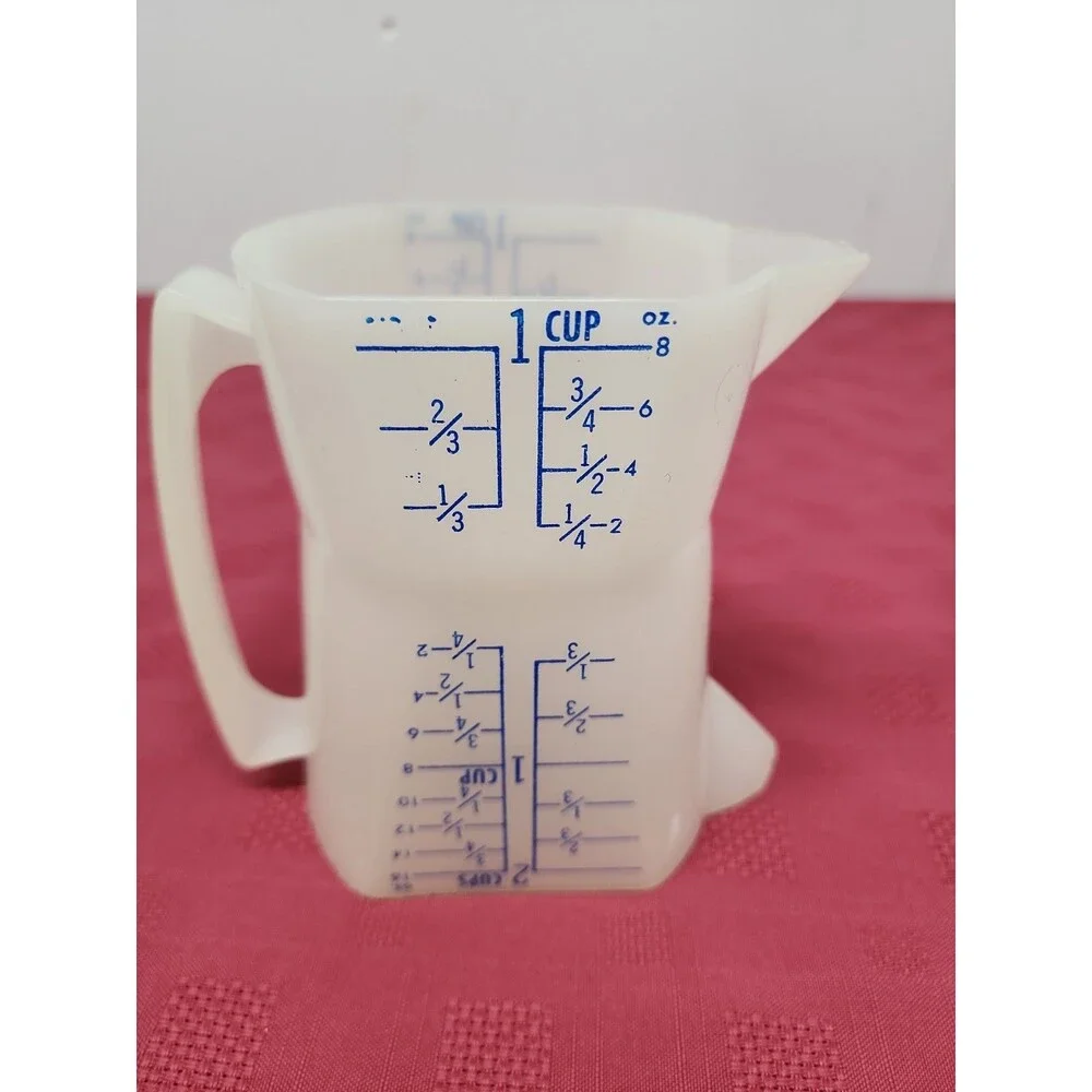 Vintage 1970's Westland Plastics Double Sided Measuring Cup Blue Graphics USA